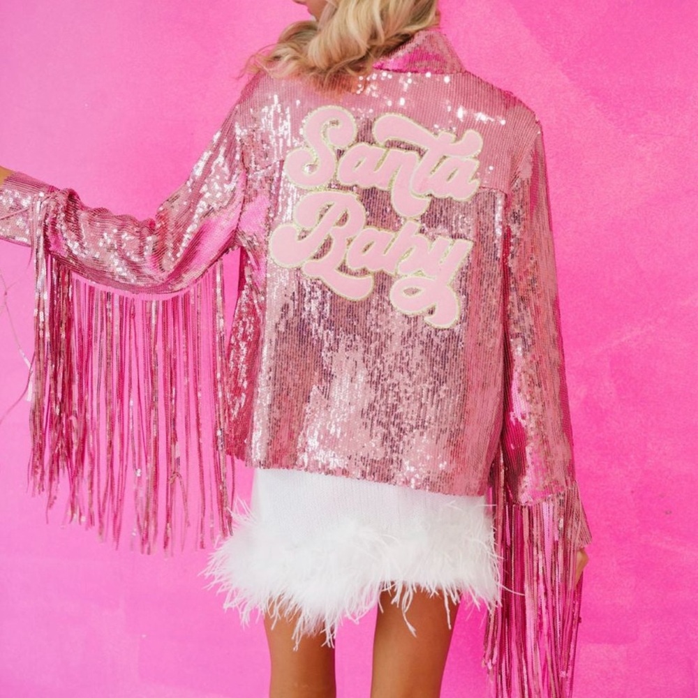 Judith March Pink Sequin Fringe Santa Baby Holiday Party Jacket size M-L